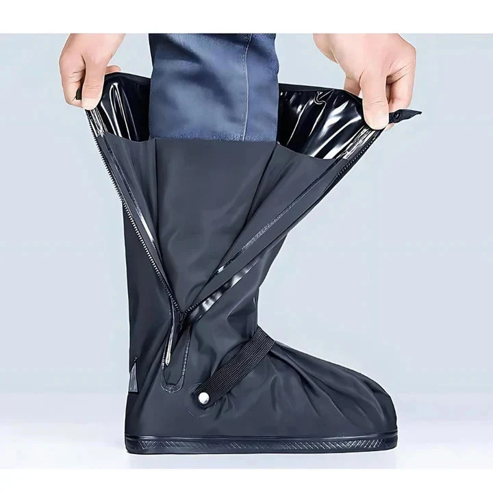 Tall rain overshoes covering everyday shoes outdoors